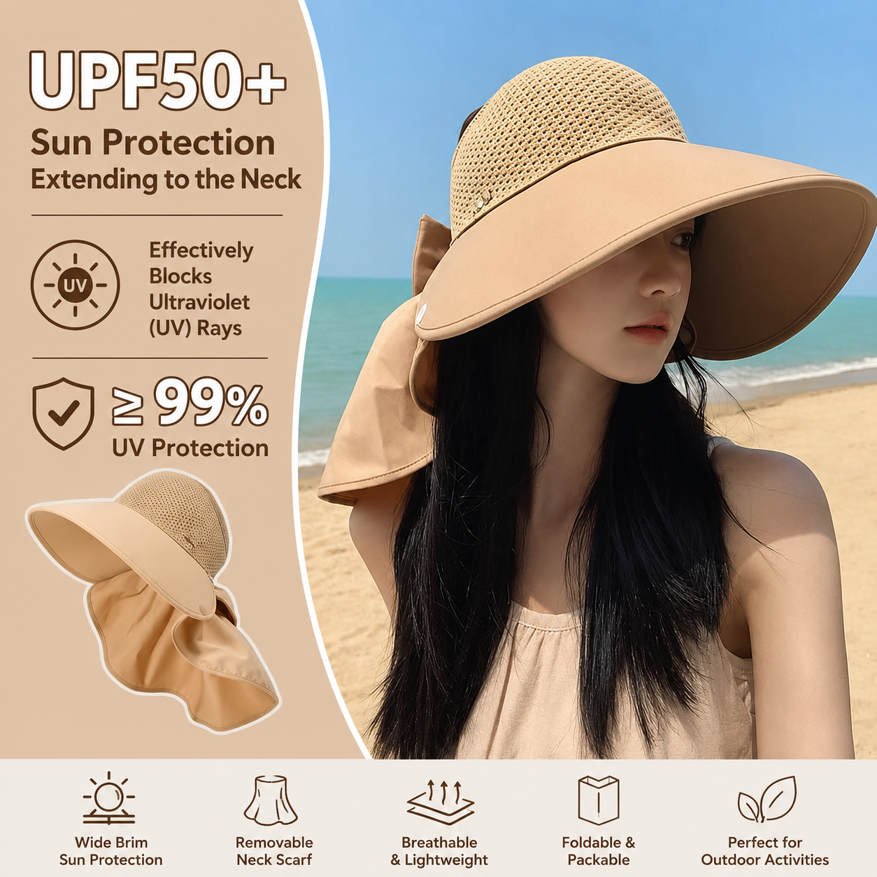 🌞 2026 summer staples 😍👒 Large brimmed, hollow sun hat with removable neck scarf
