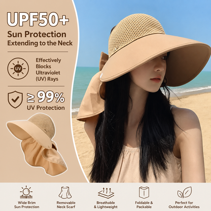 🌞 2026 summer staples 😍👒 Large brimmed, hollow sun hat with removable neck scarf