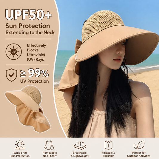 🌞 2026 summer staples 😍👒 Large brimmed, hollow sun hat with removable neck scarf