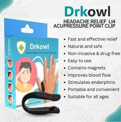 Drkowl - Natural Headache, Migraine, Tension Relief Wearable, Sugar Control Li4 Acupressure Point Clip (Regular, Black)