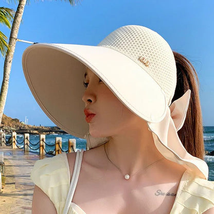 🌞 2026 summer staples 😍👒 Large brimmed, hollow sun hat with removable neck scarf