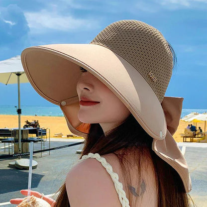 🌞 2026 summer staples 😍👒 Large brimmed, hollow sun hat with removable neck scarf