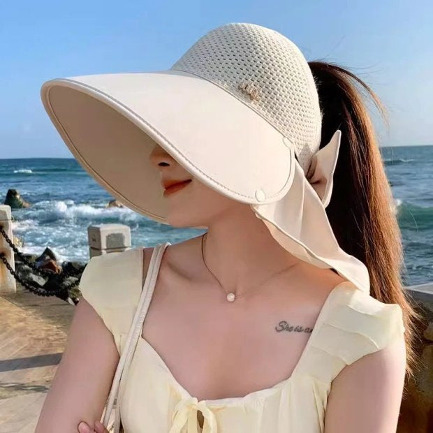 🌞 2026 summer staples 😍👒 Large brimmed, hollow sun hat with removable neck scarf